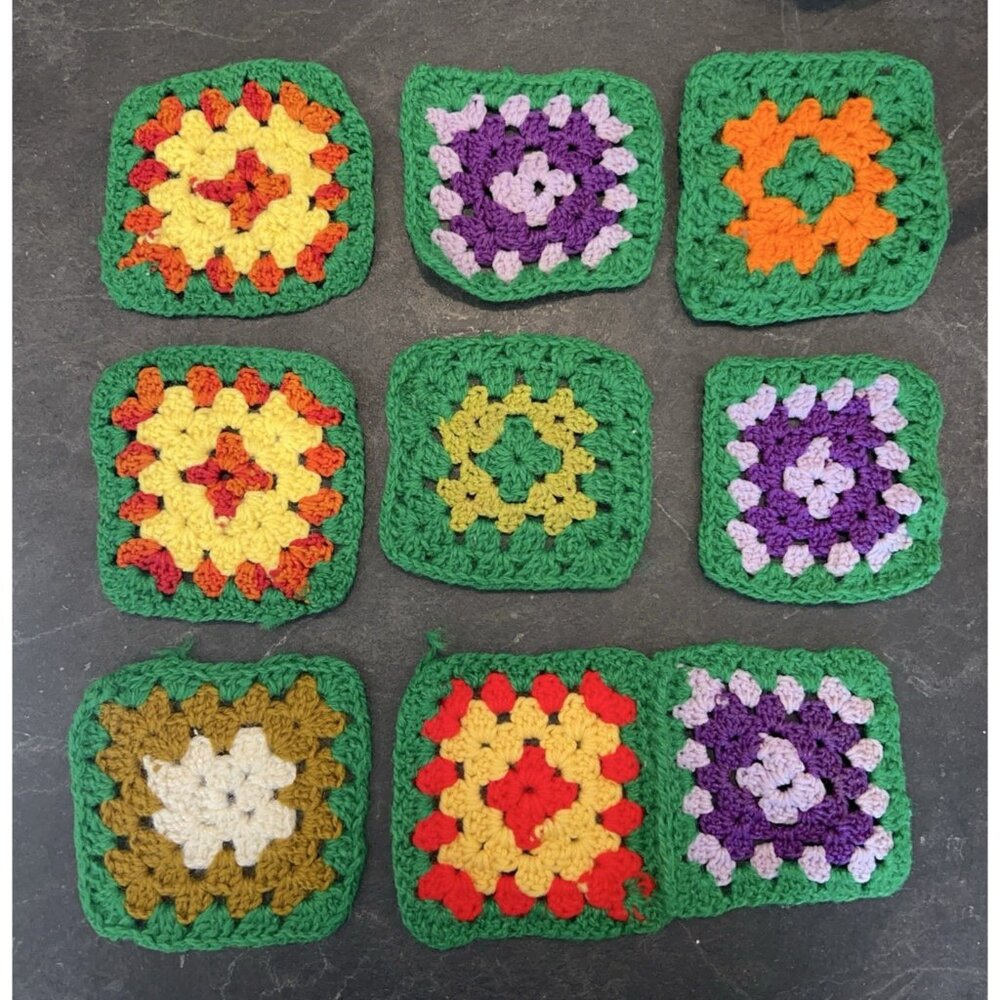 Lot of 9 Vintage Crocheted 4" Granny Squares Handmade Colorful Quilt Making